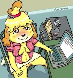 2d animal_crossing ankha ankha_(animal_crossing) anthro artist_name blonde_hair blush bodily_fluids bottomwear breasts cabinet canid canine canis chair clothed clothing computer dog_ears domestic_dog embarrassed english_text exhibitionism eyebrow_through_hair eyebrows female floral_print fur furniture genital_fluids genitals glass hair high-angle_view humor isabelle_(animal_crossing) laptop looking_at_viewer mammal navel nintendo no_underwear office_lady on_chair open_clothing open_shirt open_topwear paper paperprowl pink_clothing pink_shirt pink_topwear pubes pussy pussy_juice raised_bottomwear raised_clothing raised_skirt shih_tzu shirt sitting sitting_on_chair skirt smile smiling_at_viewer solo table tail_motion tailwag text topwear toy_dog translucent translucent_hair typing unbuttoned_shirt video_games yellow_body yellow_fur