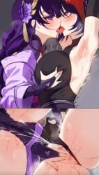 2girls big_breasts breast_grab breasts clothed clothed_sex clothing dominant_female domination eyes_rolling_back female fingering fingers genshin_impact goddess hair_ornament human intense_orgasm jtveemo kissing kujou_sara lesbian_kiss making_out mask multiple_girls purple_eyes purple_hair pussy pussy_ejaculation pussy_juice pussy_juice_drip pussy_juice_trail raiden_shogun restrained saliva saliva_drip saliva_trail squirting submissive submissive_female tied_hands wet wet_clothes wet_panties wet_pussy yellow_eyes yuri