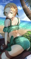 1girls alternate_costume alternate_hairstyle ass beach blonde_hair female female_only fire_emblem fire_emblem:_three_houses fire_emblem_heroes green_bikini green_eyes ingrid_brandl_galatea ingrid_brandl_galatea_(summer) ippers looking_back nintendo official_alternate_costume official_alternate_hairstyle on_horse post-timeskip short_hair solo swimsuit