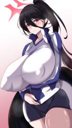 1girls big_breasts black_hair blue_archive breasts busty curvaceous curvy curvy_body curvy_female curvy_figure female hasumi_(blue_archive) hasumi_(gym_uniform)_(blue_archive) huge_breasts large_breasts light-skinned_female light_skin ponytail red_eyes shimazu_kaname voluptuous