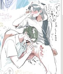 2boys anal_fingering atobe_keigo bigkinokosan blush bottomless censored fellatio gay glasses grey_hair hoodie horned_hood japanese_text kunimitsu_tezuka male male_only oral prince_of_tennis pubic_hair short_hair speech_bubble yaoi