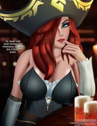 aramyx beer_mug big_breasts blue_eyes cleavage date dialogue female_pirate freckles league_of_legends league_of_legends:_wild_rift miss_fortune pirate_hat red_hair red_lipstick