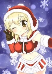 blonde_hair christmas dard_drak female gloves hidamari_sketch long_hair looking_at_viewer miyako_(hidamari_sketch) one_eye_closed selfie skirt smile solo