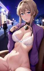 1girls ai_generated big_breasts blue_eyes busty cleavage cum cum_on_breasts female female_only large_breasts navel night open_bra smile stable_diffusion street violet_evergarden violet_evergarden_(character)