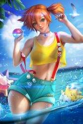 asymmetrical_hair ayya_saparniyazova ayyasap beach blue_eyes blush bra breasts clothing denim denim_shorts eyelashes female female_only game_freak gen_2_pokemon green_eyes gym_leader hair_between_eyes hair_tie high_resolution holding holding_object holding_poke_ball kasumi_(pokemon) legs looking_at_viewer luvdisc magikarp marill misty_(pokemon) navel nintendo omanyte open_mouth orange_hair partially_submerged poke_ball pokemon pokemon_(anime) pokemon_(classic_anime) pokemon_(game) pokemon_rgby ponytail pose psyduck shirt short_hair short_shorts shorts side_ponytail smile smooth_skin solo squirtle starmie suspenders tank_top thighs tied_hair togepi very_high_resolution water wet yellow_shirt yellow_tank_top