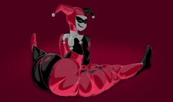 1girls ass batman:_the_animated_series batman_(series) big_ass blue_eyes bodysuit bubble_butt dc dc_comics female female_only harley_quinn harley_quinn_(classic) huge_ass licking_lips looking_at_viewer looking_back mrwastemaster rear_view smile smiling smiling_at_viewer solo splits tongue tongue_out