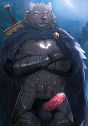 absurd_res anthro armor balls black_body black_fur blaidd_(elden_ring) canid canine canis elden_ring erection fromsoftware fur genitals glans hi_res humanoid_genitalia humanoid_penis kiyosan male mammal melee_weapon penis solo sword vein veiny_penis video_games weapon wolf