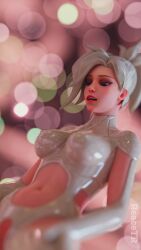 1girls 3d blender blizzard_entertainment blonde_hair bokeh female female_focus female_only latex light_skin looking_down mercy overwatch pink_background reace_tr solo solo_female tagme white_hair white_latex