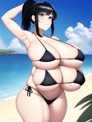 4_breasts ai_generated arm_up armpit_crease armpits arms_behind_head bangs beach big_breasts big_butt big_lips black_hair blue_eyes breasts cleavage curvy huge_breasts multi_breast nai_diffusion ocean ponytail sidelocks skimpy stable_diffusion string_bikini tetra_(oc) tetra_ai thick_thighs tight_clothing voluptuous wide_hips