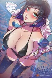 1girls alternate_version_available beach big_breasts cleavage female female_only genshin_impact green_eyes high-angle_view himmely huge_breasts light-skinned_female light_skin looking_at_viewer micro_bikini mihoyo nipple_bulge outdoors yelan_(genshin_impact)