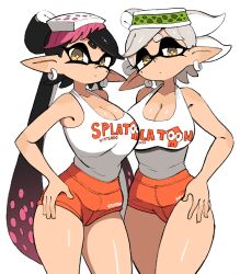 2girls alternate_breast_size beauty_mark black_hair booty_shorts breasts callie_(splatoon) cleavage earrings facial_markings female hair_ornament hand_on_hip hips hooters hooters_(parody) hooters_uniform huge_breasts inkling light-skinned_female light_skin long_ears long_hair looking_at_viewer marie_(splatoon) mole mole_under_eye multicolored_hair nintendo pink_hair pointed_ears pointy_ears short_hair short_shorts shorts silver_hair simple_background slim_waist splatoon splatoon_(series) squid_sisters symbol-shaped_pupils tank_top tentacle_hair thick_thighs thighs tied_hair twintails white_background white_hair wide_hips yellow_eyes yuta_agc