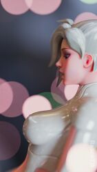 1girls 3d blender blizzard_entertainment blonde_hair bokeh female female_focus female_only latex light_skin looking_down mercy overwatch pink_background reace_tr solo solo_female tagme white_hair white_latex