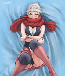 1girls big_breasts black_socks cleavage dawn_(pokemon) dismaiden female female_only fully_clothed legs_up panties pokemon scarf skirt socks thigh_socks thighhighs upskirt winter_clothes