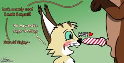 ambiguous_gender animal_genitalia animal_penis anthro balls blush boop brown_body brown_fur brown_markings brown_pawpads caffeinatedhornfox candy_cane_penis canid canine canine_penis caracal caracal_(genus) christmas denni_(caffeinatedhornfox) digital_media_(artwork) duo english_text erection fangs felid feline food food_fetish food_play fox frosting frosting_on_penis fur genitals hair head_tuft hi_res holidays humor imminent_fellatio imminent_sex luxi_(caffeinatedhornfox) male male/ambiguous mammal markings nose_boop nude open_mouth pawpads penis penis_boop presenting presenting_penis pun red_penis simple_background smile text tuft whiskers yellow_body