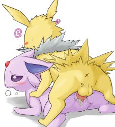 absurd_res anus ass blush bodily_fluids cum duo eeveelution espeon female feral forced generation_1_pokemon generation_2_pokemon genital_fluids genitals hi_res jolteon male male/female nintendo pkpk_arrow pokemon pokemon_(species) pussy pussy_juice rape simple_background video_games