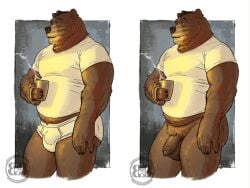 anthro barazoku bear beverage bruteandbrawn bulge charlie_(bruteandbrawn) clothing coffee foreskin genitals hi_res male mammal musclegut penis shirt simple_background solo topwear undershirt underwear vein veiny_penis