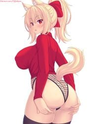 1girls ass breasts cat_ears cat_girl cat_tail catgirl female fishnets grabbing_own_ass highleg_leotard huge_ass huge_breasts leotard light_skin long_hair looking_at_viewer looking_back open_mouth ponytail red_eyes thick_thighs tiffy tiffynyaa