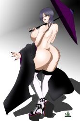 ass big_breasts female japanese_clothes kimono_down kimono_lift leona_nozaki_(noir-black-shooter) noir-black-shooter oc original original_character purple_eyes purple_hair umbrella