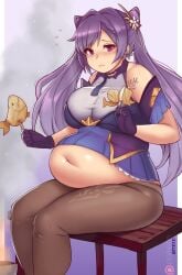 1girls 2022 big_belly blush blush_lines blushing catgirl chub chubby chubby_female fat fat_belly fat_female fat_fetish fat_girl fat_woman fatty female female_only food genshin_impact gluttony keqing_(genshin_impact) kipteitei neko solo tagme uncomfortable weight_gain