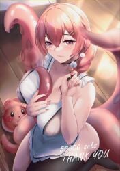 1girls 1other apron clothed clothing cotton_swab female female_only hair_between_eyes hair_ornament indoors light-skinned_female light_skin looking_at_viewer mirolive octopus_girl octopus_tentacles red_hair solo tabasuko_(virtual_youtuber) tentacle tentacle_between_breasts tinnies virtual_youtuber