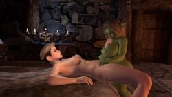big_breasts big_penis blonde_hair boobjob breasts brown_hair eye_contact female futa_on_female futanari goblin goblin_female green_skin intersex kissing_penis large_breasts lipstick medium_breasts paizuri penis pixie_cut shortstack size_difference undercut