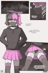 1boy black_clothing black_hair black_hoodie bulge choker comic comic_page crossdressing dross femboy gay girly hoodie low-angle_view male male_only monochrome multicolored_hair multiple_views panties pink_hair pink_skirt public skater_boi_(dross) skirt socks solo_focus source_request striped striped_legwear tagme taylor_(dross) thick_thighs thighhighs trap twink twintails two_tone_hair upskirt wig yaoi