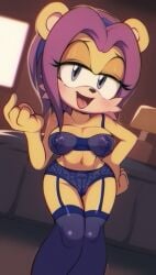 anthro archie_comics beckoning bedroom bedroom_eyes big_eyes big_head breasts clothing eyelashes female fur garter_straps genitals gesture hair half-closed_eyes herpestid hi_res inside isabella_mongoose legwear lingerie mammal mongoose narrowed_eyes panties purple_hair pussy seductive sega solo sonic_(series) sonic_the_hedgehog_(archie) sonic_the_hedgehog_(comics) sonic_the_hedgehog_(series) tan_body tan_fur thigh_highs translucent translucent_clothing underwear wildblur