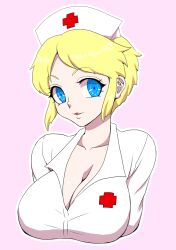 big_breasts blonde_hair blue_eyes cleavage deusa female female_only kengan_(series) kengan_ashura kengan_omega light-skinned_female light_skin looking_at_viewer nurse nurse_cap nurse_uniform pink_background short_hair smile uniform upper_body very_short_hair yoshizawa_kokomi