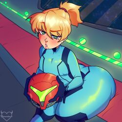 1boy 1femboy armor ass big_ass blonde_hair bodysuit bottom_heavy clothing concubust femboy genderswap_(ftm) green_eyes helmet helmet_with_visor huge_ass light-skinned_male light_skin male male_focus male_only metroid mole_under_mouth moth_maid nintendo ponytail rule_63 samus_aran sitting solo thick_thighs trap varia_suit_helmet wide_hips zero_suit zero_suit_samus