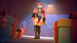 3d ass belt bodysuit boots christmas fempyro gas_mask gloves latex looking_away partially_clothed presents source_filmmaker swimsuit team_fortress_2 thick_ass thick_thighs thigh_highs thighs vyne warm_colors winter