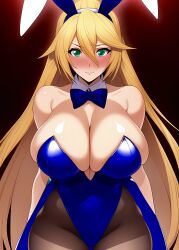 1girls ai_generated alternate_breast_size big_breasts blazblue blonde_hair blush bunny_ears bunny_girl bunnysuit busty child_bearing_hips female female_only green_eyes large_breasts legs leotard long_hair looking_at_viewer noel_vermillion smile solo thick_thighs thighs voluptuous