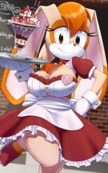 1girls anthro apron ascot breasts brown_eyes busty cleavage clothing collared_dress cowboy_shot curvaceous curves curvy curvy_body curvy_female digital_media_(artwork) english_text eyelashes female female_focus female_only food frills full_body gloves hair hand_on_hip hi_res holding_plate japanese_text kojiro-brushard lagomorph large_breasts leporid looking_at_viewer maid mammal orange_fur orange_hair plate puffy_short_sleeves rabbit rabbit_girl sega sfw smile solo solo_female sonic_(series) sonic_the_hedgehog_(series) standing standing_on_one_leg tan_body thick_thighs thighs vanilla_the_rabbit video_games waist_apron white_gloves wide_hips