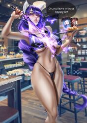 big_ass croissant female female_only genshin_impact huge_breasts looking_at_viewer raiden_shogun restaurant serving_tray shogu tipping waitress