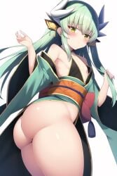 ai_generated ass ass_focus big_ass blush dragon_ears fate/grand_order fate_(series) female from_behind green_hair horns huge_ass kimono kiyohime_(fate/grand_order) long_hair looking_at_viewer no_panties orange_eyes shiny shiny_clothes shiny_hair shiny_skin solo sweat thick_thighs very_long_hair