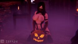 1girls 3d big_breasts black_hair halloween mask mileena mileena_(mk9) mortal_kombat mortal_kombat_(2011) pumpkin zefy34