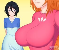 2girls bleach bleach:_the_thousand-year_blood_war breast_envy clothed daemonhx female female_only flat flat_chest inoue_orihime kuchiki_rukia multiple_girls yuri