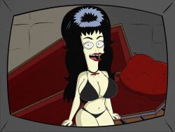 1girls black_bra black_hair booberella bra breasts cleavage coffin female female_only goth huge_breasts large_breasts long_hair navel scobionicle99 screenshot_edit solo the_simpsons underwear