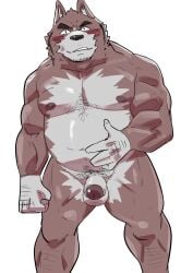 2022 anthro balls blush canid canine canis domestic_dog genitals hi_res humanoid_hands kemono male mammal nipples penis simple_background slightly_chubby solo ujishiyo