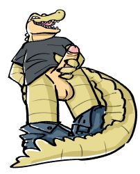 1boy alligator alligatorid anthro balls ballsack biped boobindore clothing countershade_face countershade_neck countershade_scales countershading crocodilian erection fangs foreskin foreskin_folds genitals hi_res holding_penis humanoid_genitalia humanoid_penis intact looking_at_viewer male male_only non-mammal_balls open_mouth pants_down penis reptile retracted_foreskin scales scalie scrotum smile smooth_penis solo t-shirt tail testicles toony topwear touching_penis uncut