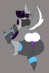 ambiguous_gender ambiguous_penetration ass backsack balls big_ass black_body black_fur blue_markings bubble_butt butt chip_at_night feral fur furry grey_body huge_ass knot legs_up male male/ambiguous mating_press pokémon_(species) pokemon protogen purple_penis robot robot_humanoid robotic sex shiny_pokemon smile umbreon