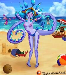 beach bikini bikini_bottom blue_hair digital_art digital_drawing_(artwork) digital_media_(artwork) digital_painting_(artwork) gwen_(league_of_legends) league_of_legends neeko nidalee nipples no_bra pool_party_series pool_party_syndra snowdown_series syndra therealgazmanx topless topless_female winter_wonder_neeko winter_wonderland_series