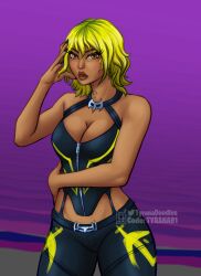 1girls cleavage clothing female female_focus fortnite green_hair hana_(fortnite) hand_on_head hand_on_hip hazel_eyes hispanic lips looking_at_viewer simple_background tagme tan_body tyrana