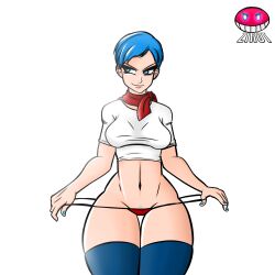 1girls big_ass big_breasts blue_eyes blue_hair breasts bulma_briefs curvy curvy_female dragon_ball dragon_ball_super dragon_ball_z female female_only legs legwear light-skinned_female mature_female milf mother red_scarf short_hair smile smirk solo_female stockings thick_thighs thighhighs thighs thong underwear voluptuous white_shirt wide_hips zirot