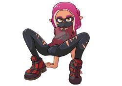 1boy choker crab_walk_position facemask inkling inkling_boy looking_at_viewer magenta_hair male mask modeling original_character pants pants_bulge penis_bulge pistol_(oc) presenting presenting_penis ripped_clothing ripped_pants splatoon tan_body tan_skin yellow_eyes