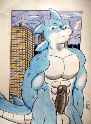 2019 abs absurd_res anthro athletic balls barazoku black_penis blue_body building city city_background city_lights dashthefox dragon genitals hands_behind_back hi_res leopold male multicolored_body muscular night obliques pecs penis serious serious_face solo spiked_tail spikes spikes_(anatomy) toned_body traditional_media_(artwork) vein veiny_penis vindico yellow_eyes