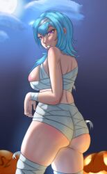 1girls areolae ass bandages big_ass big_breasts big_butt big_thighs blue_hair breasts eula_(genshin_impact) female female_only genshin_impact halloween halloween_costume huge_ass huge_butt mummy mummy_costume smile solo solo_female spaztik thick_thighs thighs