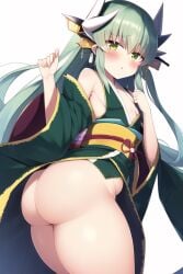 ai_generated ass ass_focus big_ass blush dragon_ears fate/grand_order fate_(series) female from_behind green_hair horns huge_ass kimono kiyohime_(fate/grand_order) long_hair looking_at_viewer no_panties orange_eyes shiny shiny_clothes shiny_hair shiny_skin solo sweat thick_thighs very_long_hair