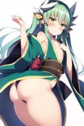 ai_generated ass ass_focus big_ass blush dragon_ears fate/grand_order fate_(series) female from_behind green_hair horns huge_ass kimono kiyohime_(fate/grand_order) long_hair looking_at_viewer orange_eyes shiny shiny_clothes shiny_hair shiny_skin solo sweat thick_thighs thong very_long_hair