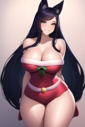 ahri ai_generated black_hair christmas christmas_outfit curvy_figure fox_ears gigantic_breasts green_eyes holidays huge_breasts huge_hips league_of_legends long_hair looking_at_viewer nai_diffusion neltumo riot_games seductive_smile shiny_hair shiny_skin stable_diffusion thick_thighs wide_hips