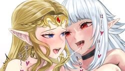 2girls after_kiss bangs blonde_hair blue_eyes einelotta elf female female_only kissing long_hair multiple_girls ocarina_of_time pocari66 pointy_ears princess_zelda red_eyes saliva saliva_string the_legend_of_zelda virtual_youtuber vtuber white_hair yuri zelda_(ocarina_of_time)